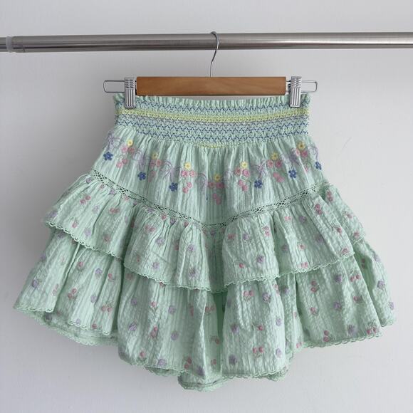 LoveShackFancy Skirt Womens Medium Mint Ruffle Mini Embroidered Floral Tiered - Picture 1 of 11